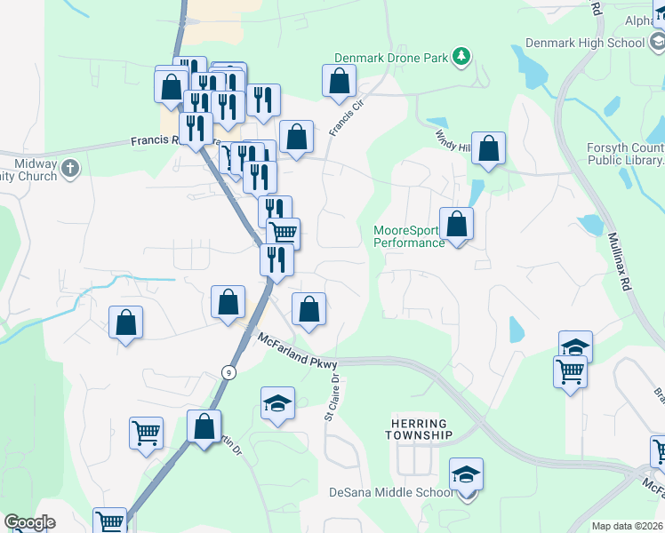map of restaurants, bars, coffee shops, grocery stores, and more near 6120 Apple Rose Drive in Alpharetta