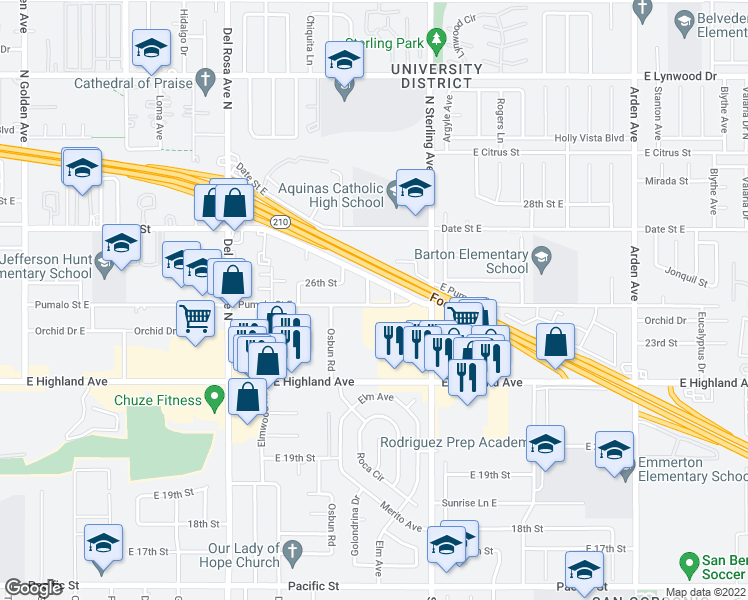 map of restaurants, bars, coffee shops, grocery stores, and more near 25586 Pumalo Street East in San Bernardino