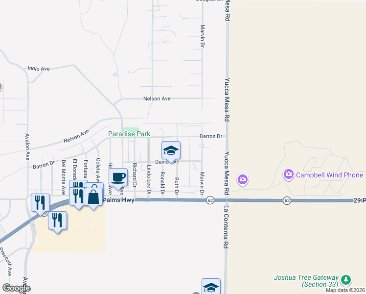 map of restaurants, bars, coffee shops, grocery stores, and more near 59150 David Avenue in Yucca Valley