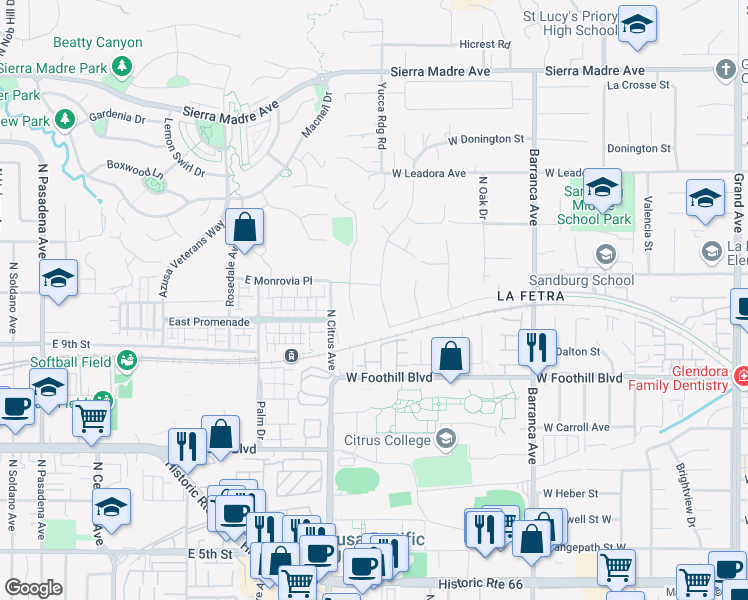 map of restaurants, bars, coffee shops, grocery stores, and more near 275 North Baldy Vista Avenue in Glendora