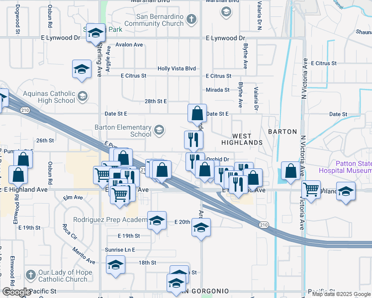 map of restaurants, bars, coffee shops, grocery stores, and more near 6348 Orange Knoll Avenue in San Bernardino