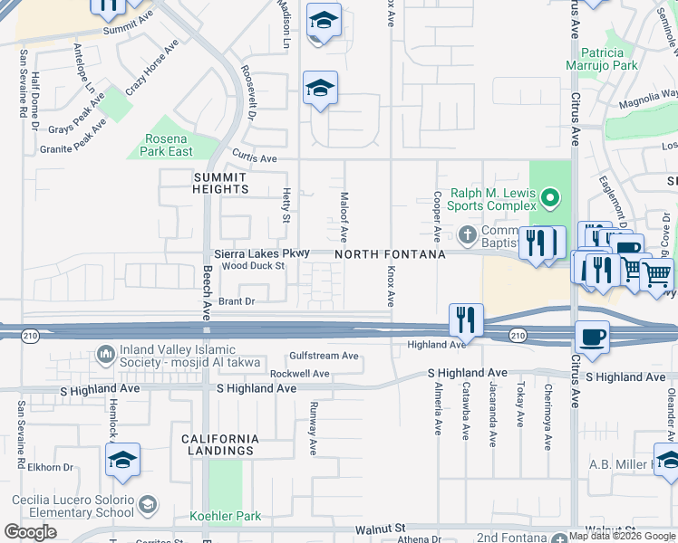 map of restaurants, bars, coffee shops, grocery stores, and more near Moonfire Lane in Fontana