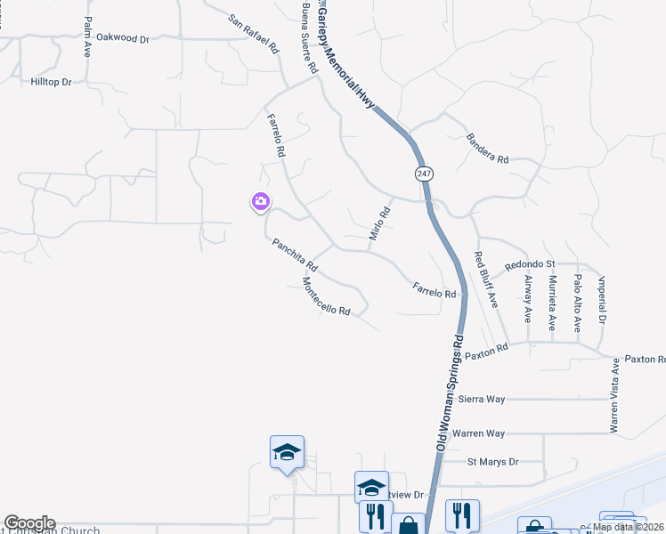 map of restaurants, bars, coffee shops, grocery stores, and more near 57070 Panchita Road in Yucca Valley