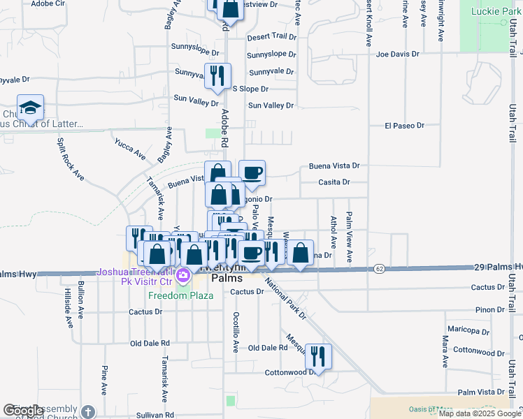 map of restaurants, bars, coffee shops, grocery stores, and more near 6333 Palo Verde Avenue in Twentynine Palms