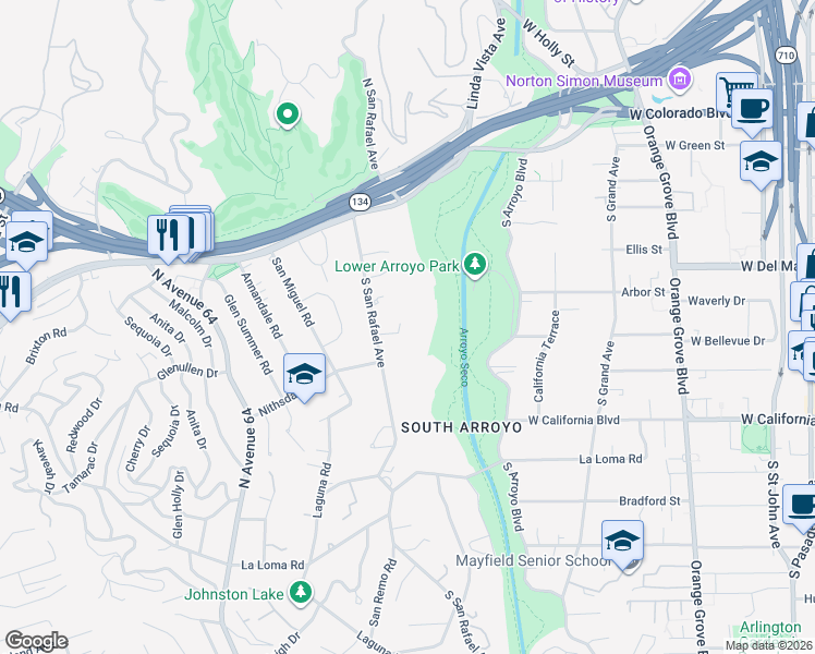 map of restaurants, bars, coffee shops, grocery stores, and more near 282 South San Rafael Avenue in Pasadena