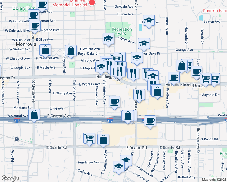 map of restaurants, bars, coffee shops, grocery stores, and more near 715 Los Angeles Avenue in Monrovia