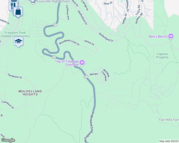 map of restaurants, bars, coffee shops, grocery stores, and more near 1302 Zuni in Topanga