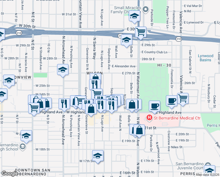 map of restaurants, bars, coffee shops, grocery stores, and more near 2461 North Lugo Avenue in San Bernardino