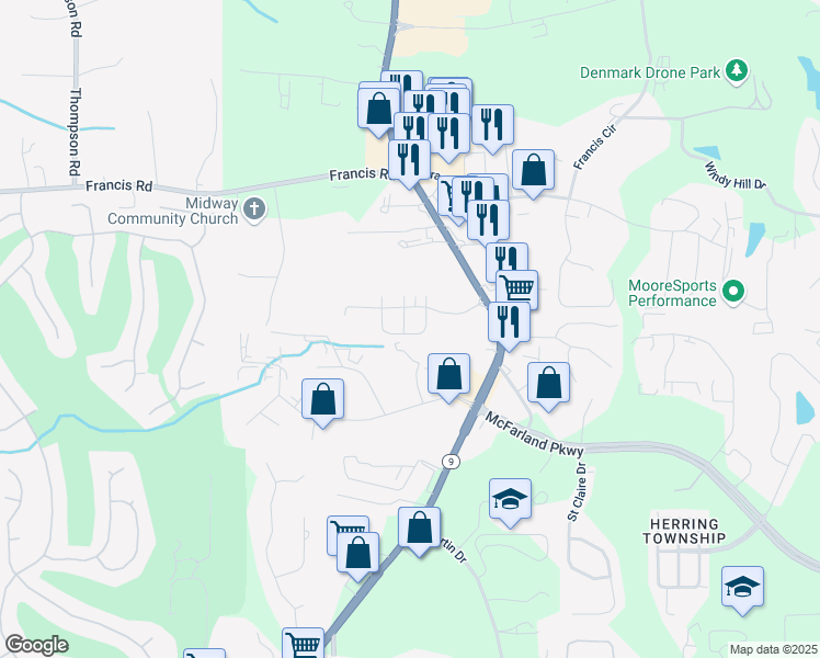 map of restaurants, bars, coffee shops, grocery stores, and more near 6185 Sweetbay Lane in Alpharetta