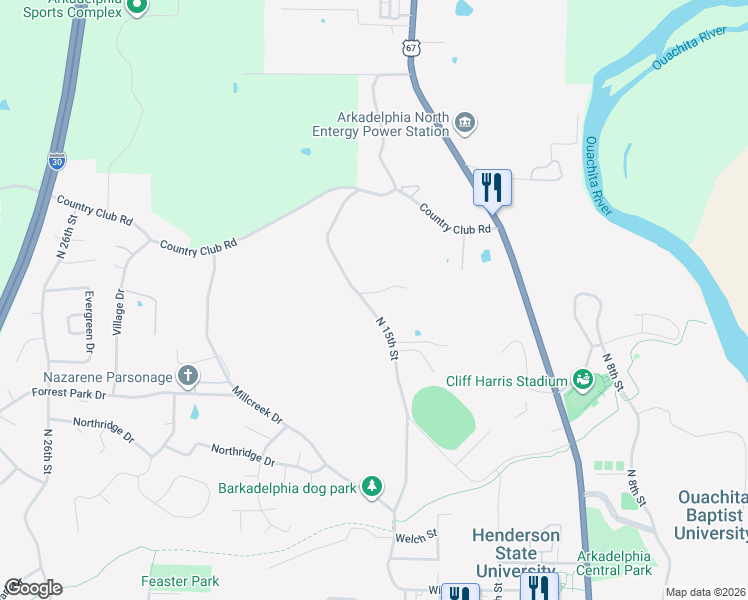 map of restaurants, bars, coffee shops, grocery stores, and more near 1030 North 15th Street in Arkadelphia