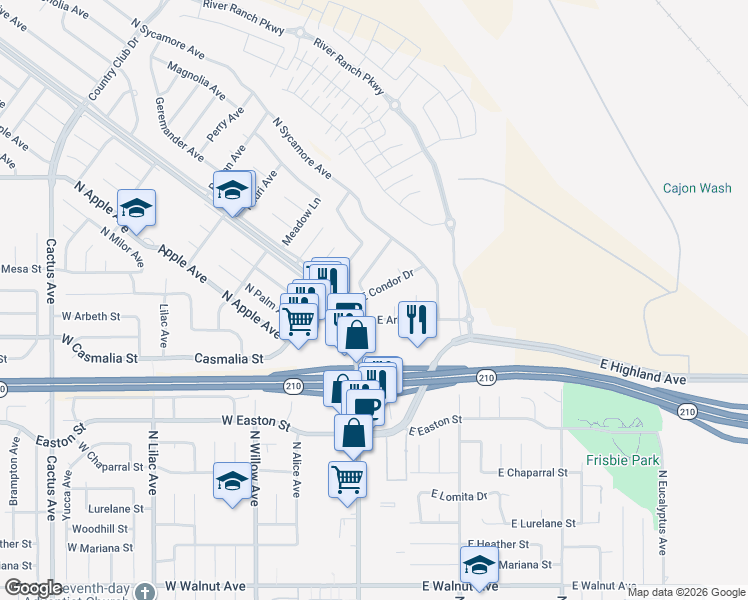 map of restaurants, bars, coffee shops, grocery stores, and more near 137 East Condor Drive in Rialto