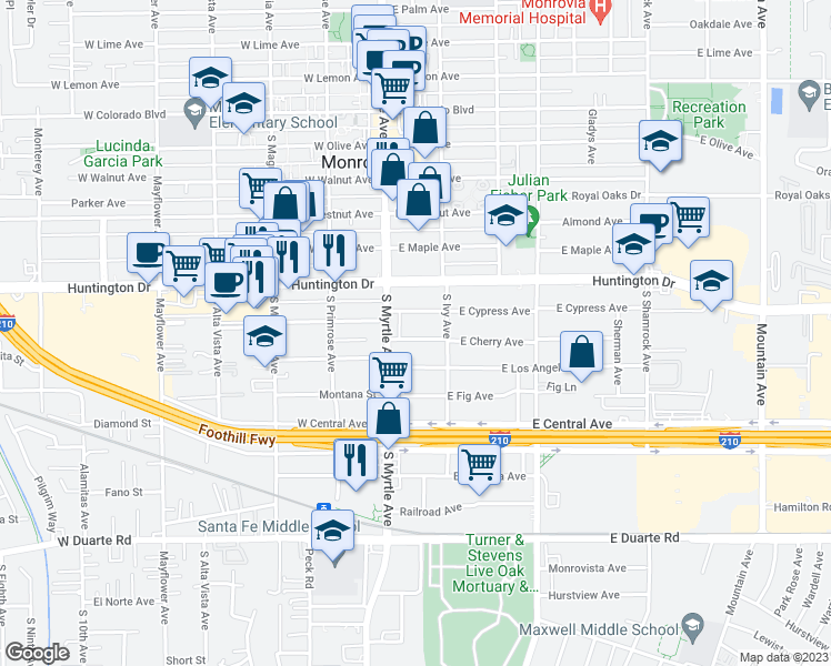 map of restaurants, bars, coffee shops, grocery stores, and more near 121 East Cherry Avenue in Monrovia