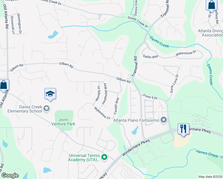 map of restaurants, bars, coffee shops, grocery stores, and more near 4525 Portsmouth Lane in Cumming