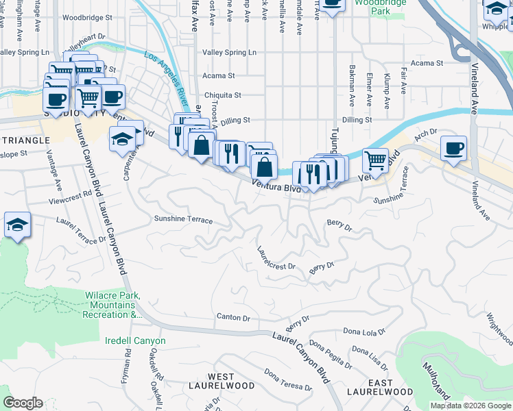 map of restaurants, bars, coffee shops, grocery stores, and more near 11575 Sunshine Terrace in Los Angeles