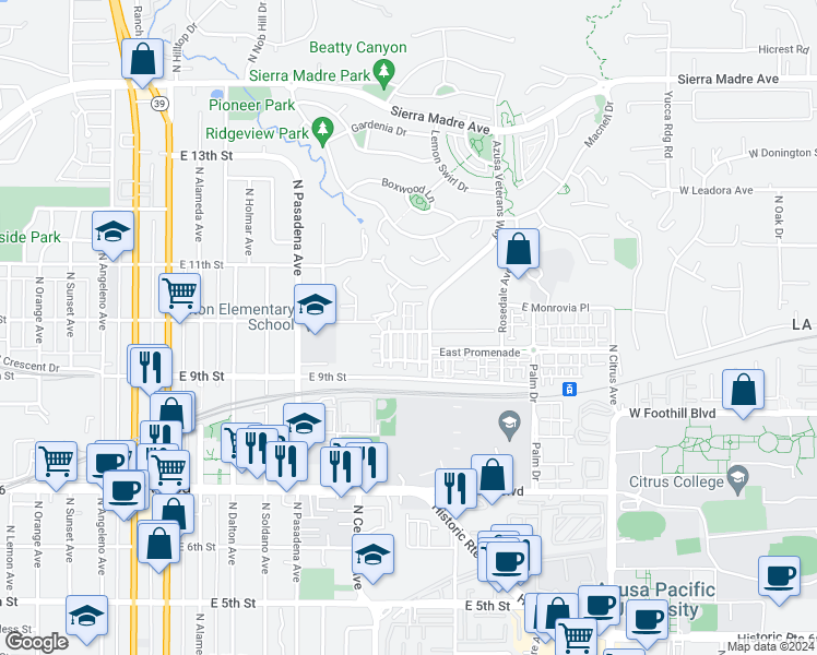 map of restaurants, bars, coffee shops, grocery stores, and more near 841 Barberry Way in Azusa