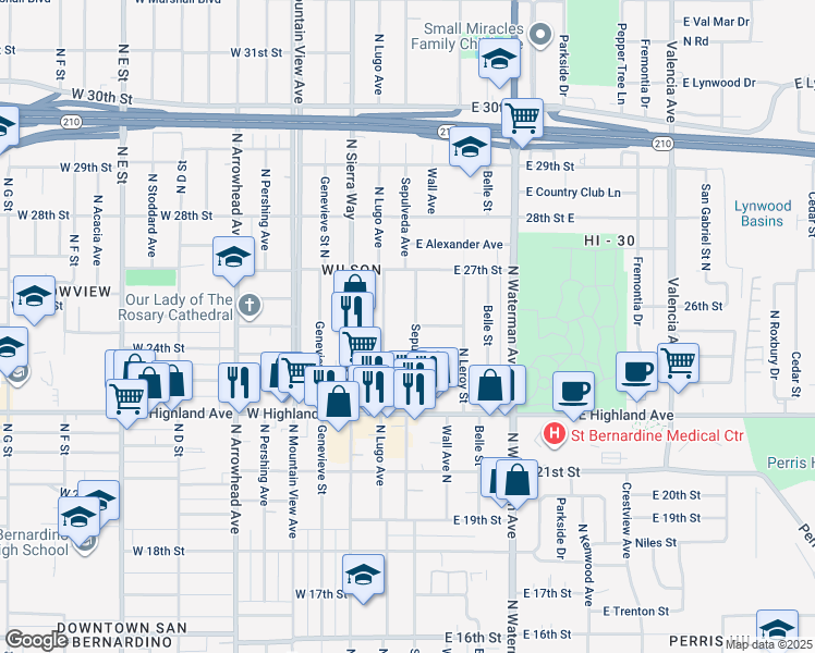 map of restaurants, bars, coffee shops, grocery stores, and more near 2461 North Lugo Avenue in San Bernardino