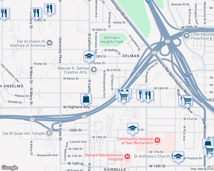 map of restaurants, bars, coffee shops, grocery stores, and more near 2425 North Pennsylvania Avenue in San Bernardino