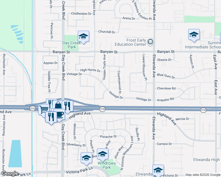 map of restaurants, bars, coffee shops, grocery stores, and more near 12627 Rustic Oak Court in Rancho Cucamonga