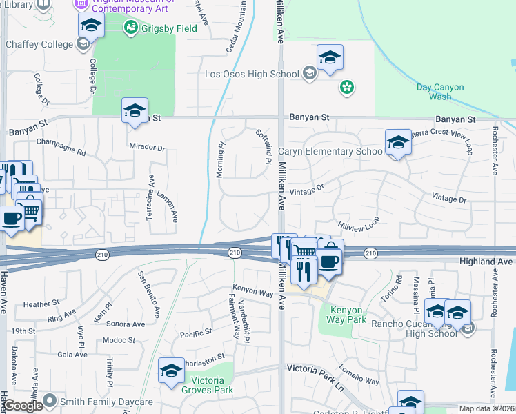 map of restaurants, bars, coffee shops, grocery stores, and more near 6344 Silverwood Place in Rancho Cucamonga