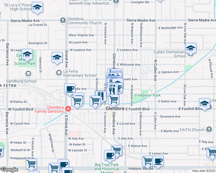 map of restaurants, bars, coffee shops, grocery stores, and more near 185 North Vermont Avenue in Glendora