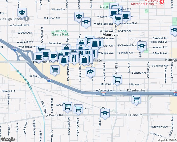 map of restaurants, bars, coffee shops, grocery stores, and more near 1214 South Alta Vista Avenue in Monrovia