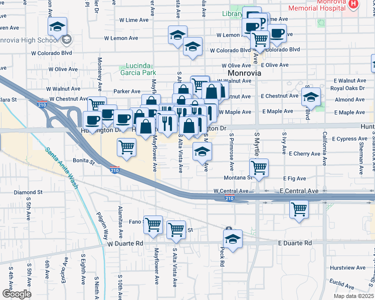map of restaurants, bars, coffee shops, grocery stores, and more near 1214 South Alta Vista Avenue in Monrovia