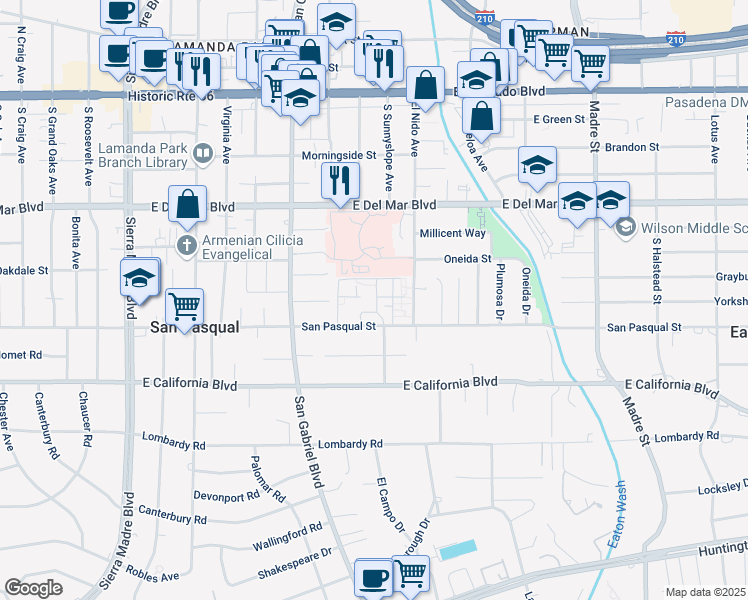 map of restaurants, bars, coffee shops, grocery stores, and more near 2893 San Pasqual Street in Pasadena
