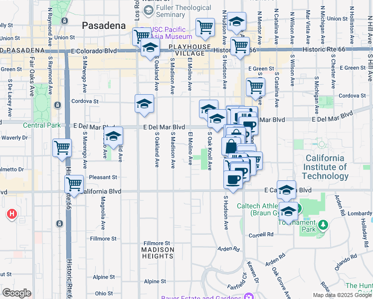 map of restaurants, bars, coffee shops, grocery stores, and more near 427 South El Molino Avenue in Pasadena