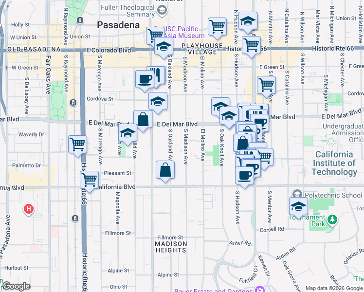 map of restaurants, bars, coffee shops, grocery stores, and more near 427 South Madison Avenue in Pasadena