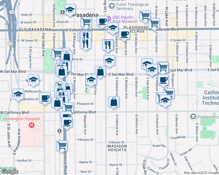 map of restaurants, bars, coffee shops, grocery stores, and more near 425 South Los Robles Avenue in Pasadena