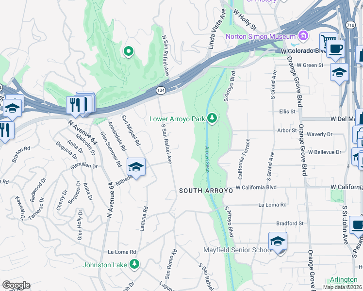 map of restaurants, bars, coffee shops, grocery stores, and more near 282 South San Rafael Avenue in Pasadena