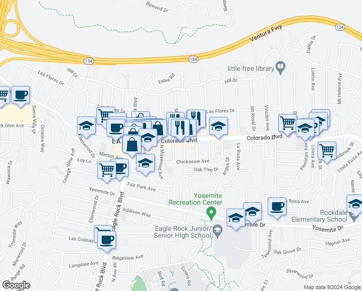 map of restaurants, bars, coffee shops, grocery stores, and more near 5080 Shearin Avenue in Los Angeles