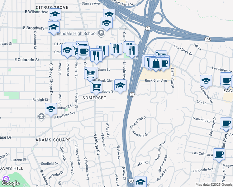 map of restaurants, bars, coffee shops, grocery stores, and more near 1523 East Windsor Road in Glendale
