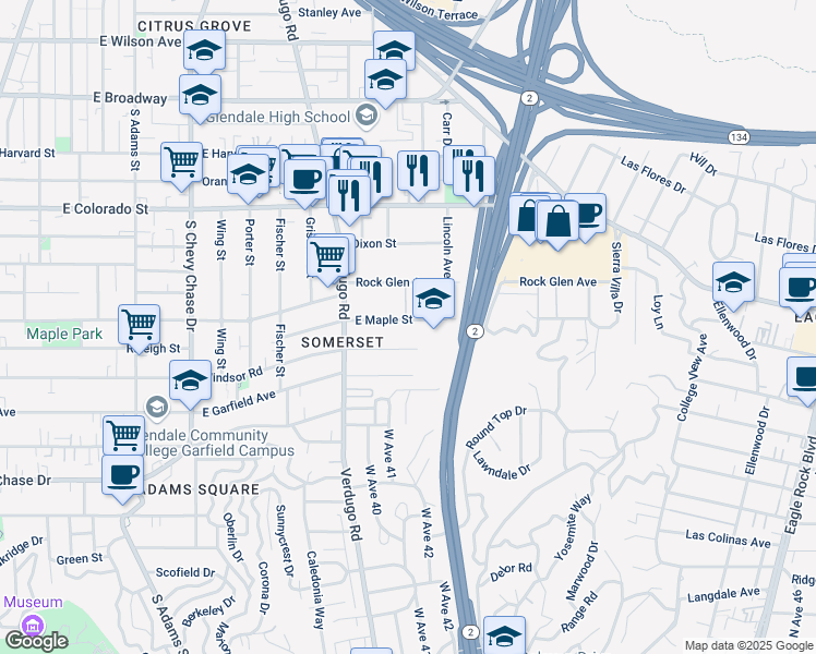 map of restaurants, bars, coffee shops, grocery stores, and more near 1442 East Maple Street in Glendale