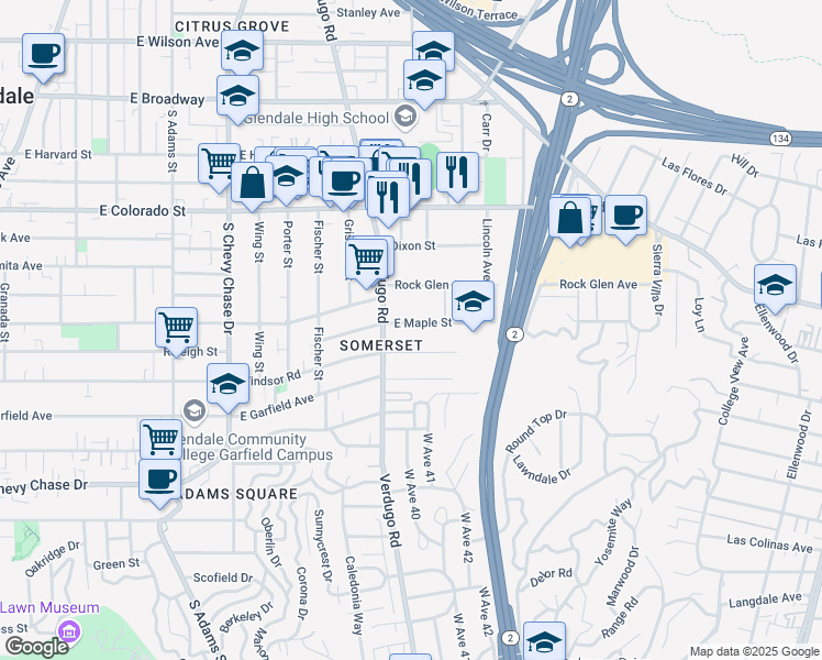 map of restaurants, bars, coffee shops, grocery stores, and more near in Glendale