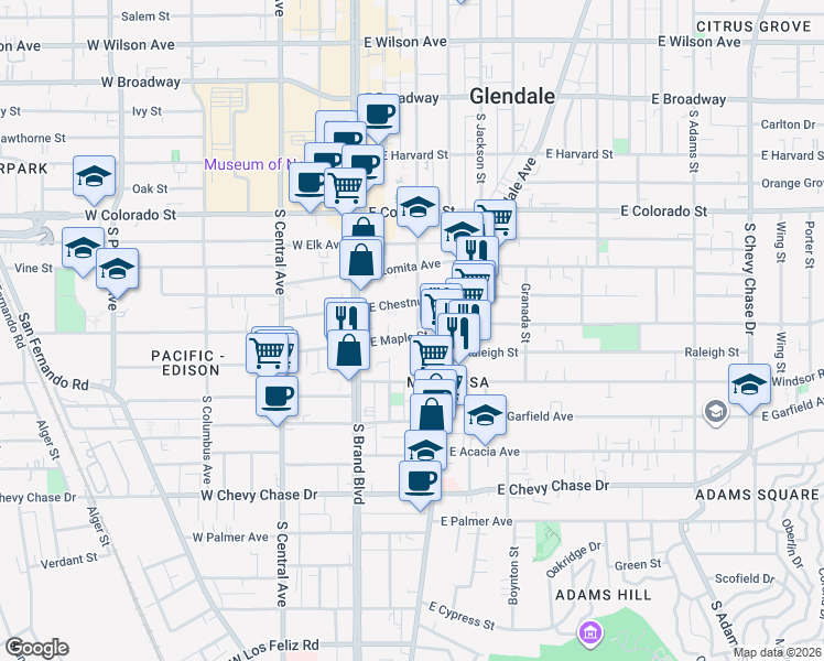 map of restaurants, bars, coffee shops, grocery stores, and more near 230 East Maple Street in Glendale