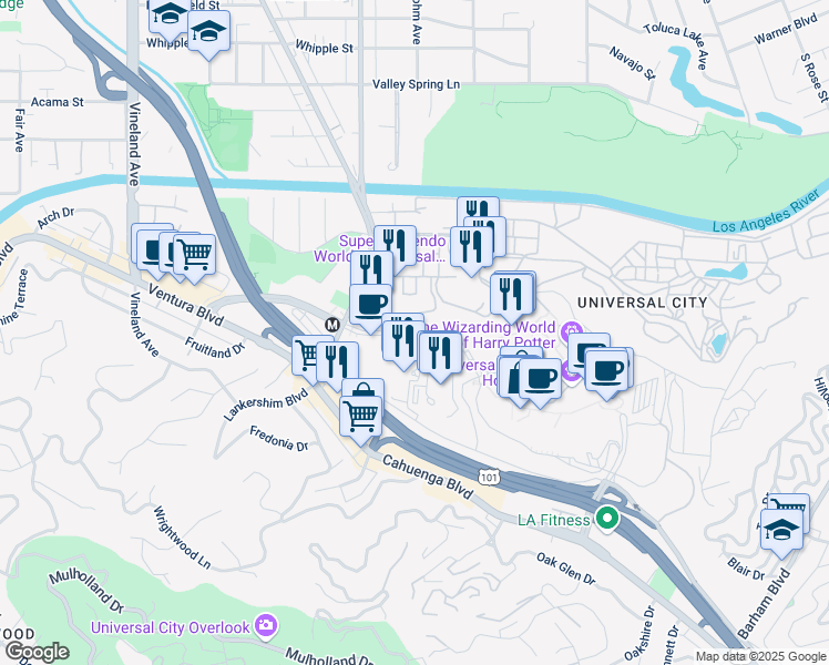 map of restaurants, bars, coffee shops, grocery stores, and more near 111 Universal Hollywood Drive in Los Angeles