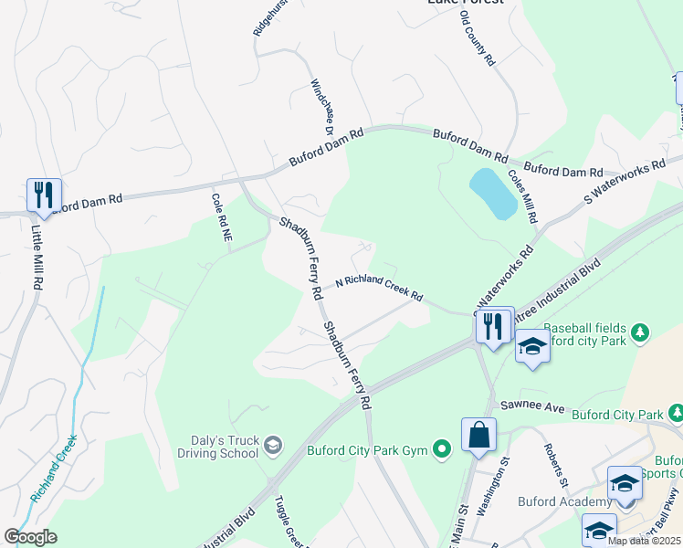 map of restaurants, bars, coffee shops, grocery stores, and more near 5513 North Richland Creek Road in Buford