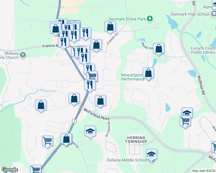 map of restaurants, bars, coffee shops, grocery stores, and more near 6120 Apple Rose Drive in Alpharetta