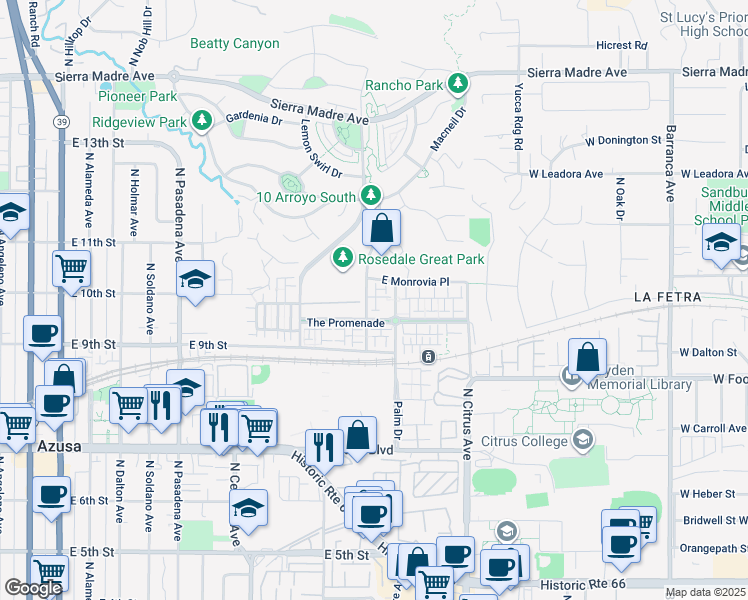 map of restaurants, bars, coffee shops, grocery stores, and more near 955 North Sweetbriar Lane in Azusa