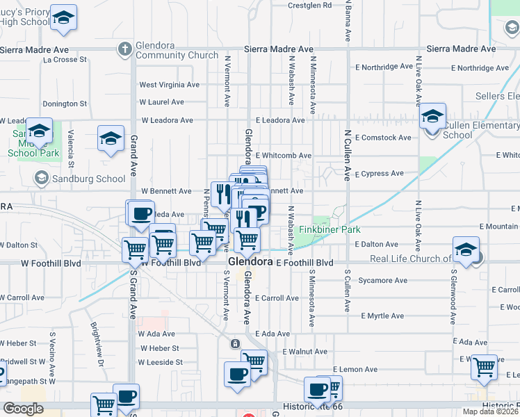 map of restaurants, bars, coffee shops, grocery stores, and more near 200 North Vista Bonita Avenue in Glendora
