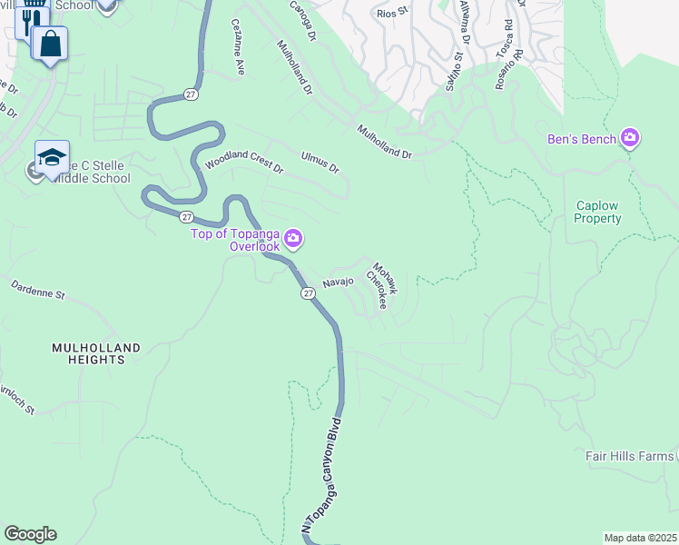 map of restaurants, bars, coffee shops, grocery stores, and more near 102 Pawnee in Los Angeles County