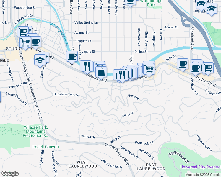 map of restaurants, bars, coffee shops, grocery stores, and more near 3927 Berry Drive in Los Angeles