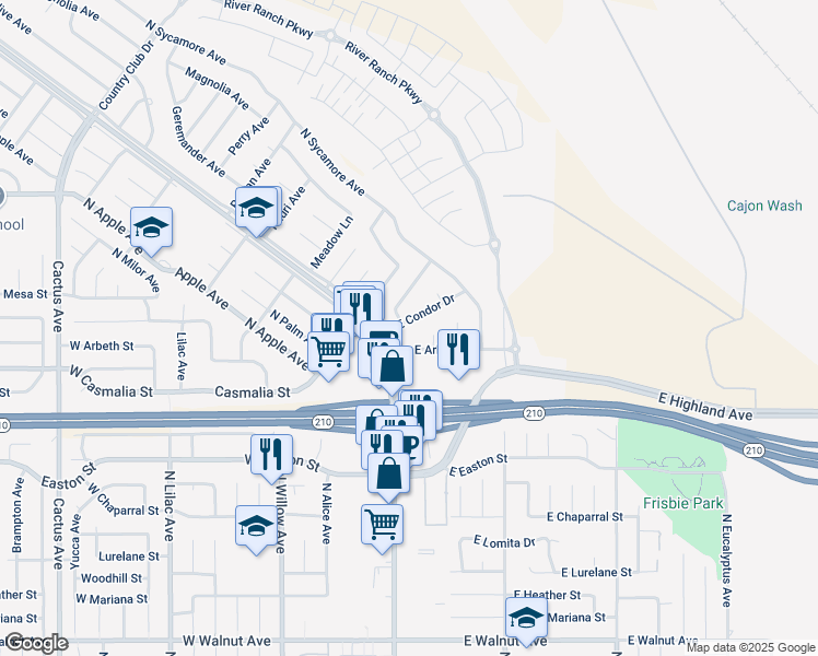 map of restaurants, bars, coffee shops, grocery stores, and more near 137 East Condor Drive in Rialto