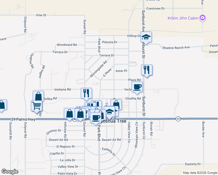 map of restaurants, bars, coffee shops, grocery stores, and more near 61880 Verbena Road in Joshua Tree
