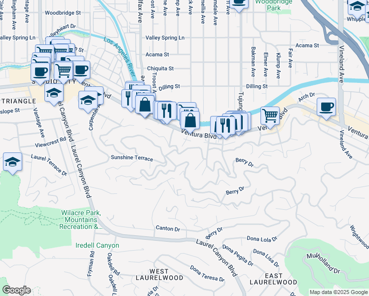 map of restaurants, bars, coffee shops, grocery stores, and more near 11575 Sunshine Terrace in Los Angeles