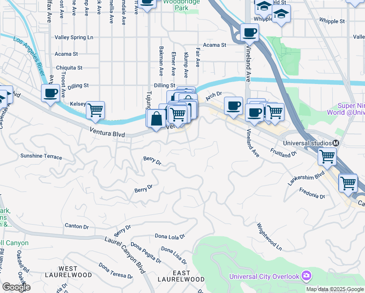 map of restaurants, bars, coffee shops, grocery stores, and more near 11316 Sunshine Terrace in Los Angeles