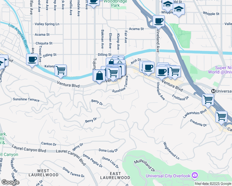 map of restaurants, bars, coffee shops, grocery stores, and more near 11316 Sunshine Terrace in Los Angeles