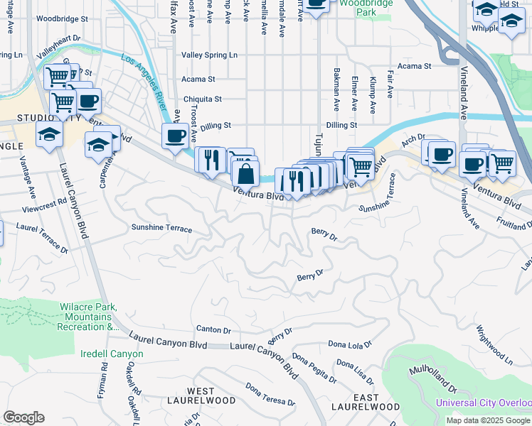 map of restaurants, bars, coffee shops, grocery stores, and more near 3927 Berry Drive in Los Angeles