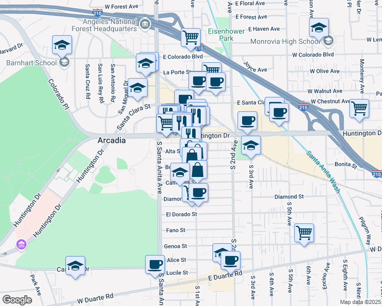 map of restaurants, bars, coffee shops, grocery stores, and more near 111 South 1st Avenue in Arcadia